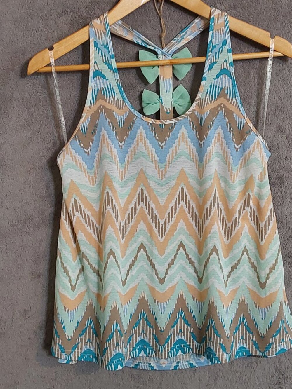Rue21 Chevron Racerback Tank Top L Boho Aztec Tribal Mint Blue Bow Stretch